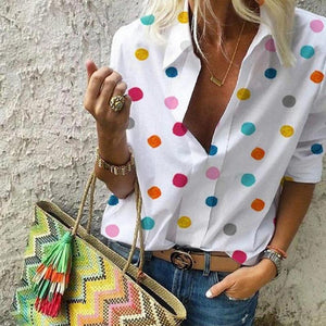 Small Lapel Long Sleeve Dots Printed Blouses