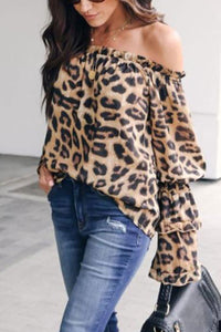 Leopard Printed Off Shoulder Flare Long Sleeve Sexy Blouses