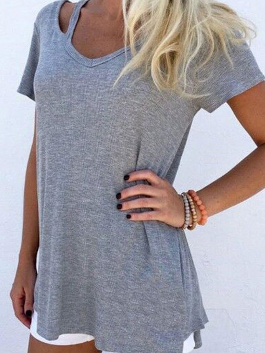 V Neck  Cutout  Plain T-Shirts