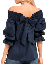 Load image into Gallery viewer, Spring Summer  Polyester  Women  Open Shoulder  Bowknot  Plain  Three-Quarter Sleeve Blouses