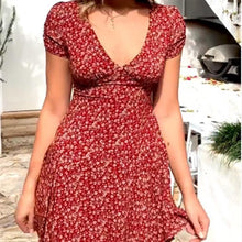 Load image into Gallery viewer, Deep V Neck  Printed  Short Sleeve Skater Dresses