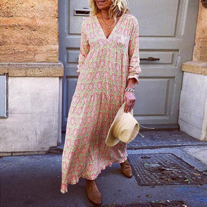 Fashion Vacation V-Neck Flower Print Loose Casual Maxi Dress