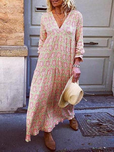 Fashion Vacation V-Neck Flower Print Loose Casual Maxi Dress