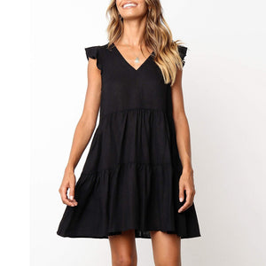 Solid Color V-Neck Loose Casual   Mini Dress