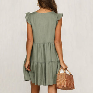 Solid Color V-Neck Loose Casual   Mini Dress