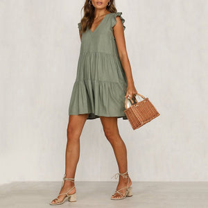 Solid Color V-Neck Loose Casual   Mini Dress