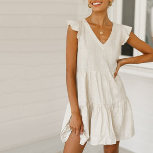 Solid Color V-Neck Loose Casual   Mini Dress