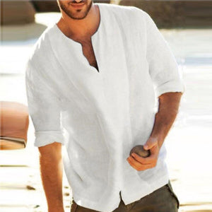 Men's Casual Simple V Neck Loose Flax T-Shirt