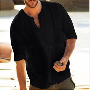 Men's Casual Simple V Neck Loose Flax T-Shirt