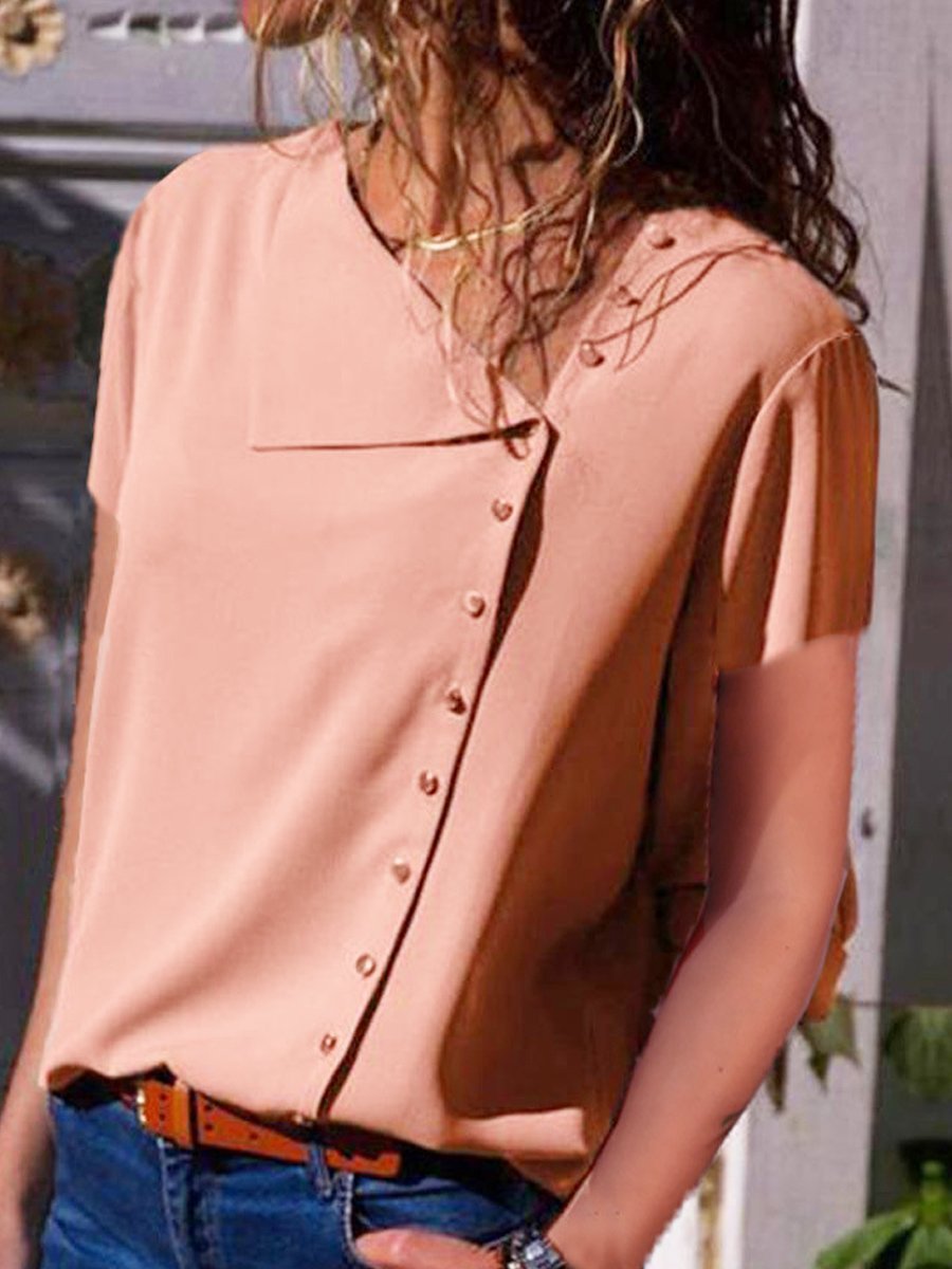 Asymmetric Neck  Single Breasted  Plain Blouses