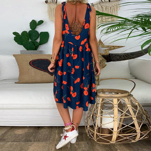 Casual Round Neck Sleeveless Printed Colour Loose Dress