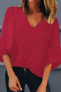 V Neck  Patchwork  Plain Blouses