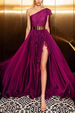 Load image into Gallery viewer, Elegant Irregular Belted Ruffled Sloping Shoulder Evening Dress