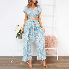 Load image into Gallery viewer, V-Neck Short-Sleeved Slinky + Nine-Sleeve Trousers Two Piece Set