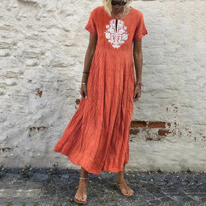 Solid Color Printed Short-Sleeved Casual Maxi Dress