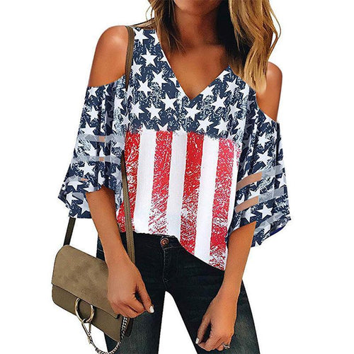 Off-The-Shoulder Flag Print 7-Sleeve Top