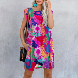 Printed Stitching Round Neck Casual Dress