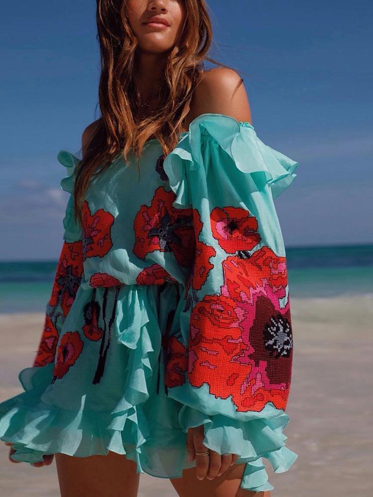 Bohemian Printed Colour Off-Shoulder Long Sleeve Dress