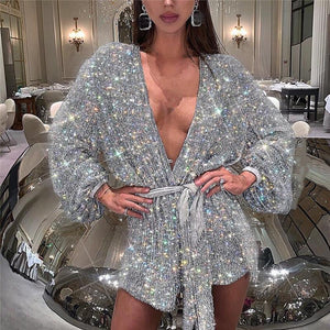 Sexy Deep V Collar Sequins Long Sleeves Mini Dresses