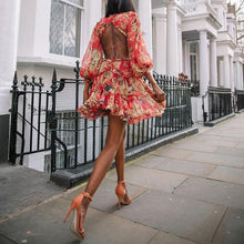 Load image into Gallery viewer, Sexy Printed Colour Chiffon Bare Back Bubble Sleeves Dress