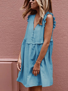 Casual Loose Solid Color V-Neck Button Ruffled Sleeve Dress