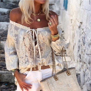 Bohemian Printed Sexy Word Collar Ruffled Long-Sleeved T-Shirts