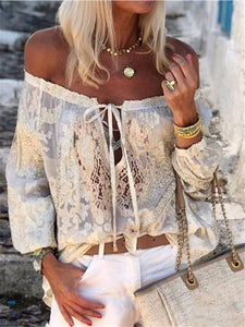 Bohemian Printed Sexy Word Collar Ruffled Long-Sleeved T-Shirts