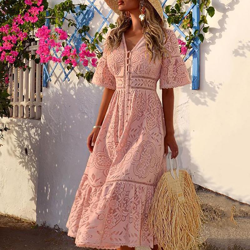Sweet V Neck Hollow Out Single-Breasted Lace Long Dress