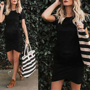 Maternity Round Neck Short Sleeve Pleated Bodycon Dress