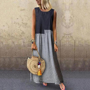 Casual Check Round Neck Sleeveless Splicing Dress