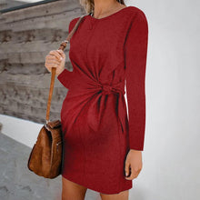 Load image into Gallery viewer, Maternity Fashion Round Neck Pure Colour Belted Dress