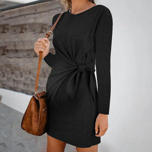 Maternity Fashion Round Neck Pure Colour Belted Dress