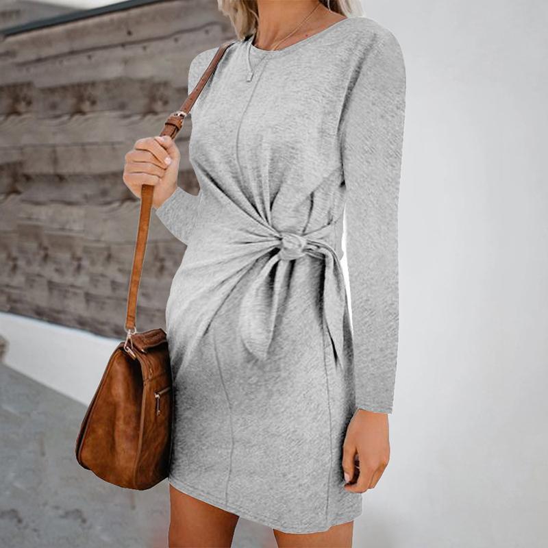 Maternity Fashion Round Neck Pure Colour Belted Dress