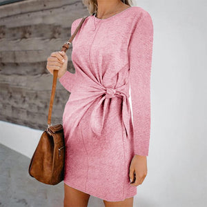 Maternity Fashion Round Neck Pure Colour Belted Dress