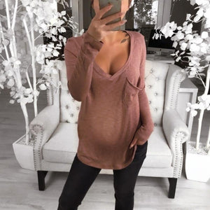 Maternity Casual Deep V-Neck Long Sleeve Plain Loose T-Shirt