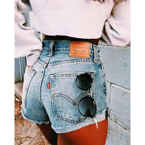 Pure Color High-Waisted Curled Side Denim Shorts