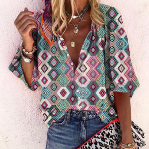 Casual Deep V-Neck Sleeve Abstract Style Print Top