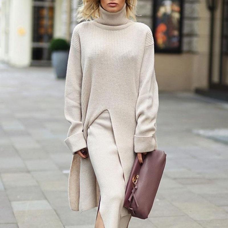 Casual Solid Color High Collar Long Sleeve Split Long Sweater