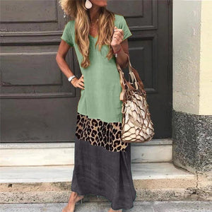 V Neck Short Sleeve Ankle-Length Leopard Print Color Matching Casual Dress