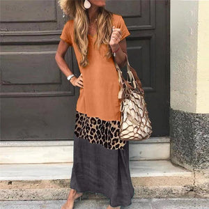 V Neck Short Sleeve Ankle-Length Leopard Print Color Matching Casual Dress