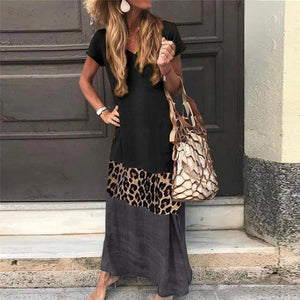 V Neck Short Sleeve Ankle-Length Leopard Print Color Matching Casual Dress