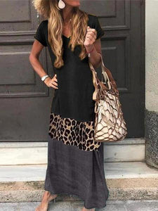 V Neck Short Sleeve Ankle-Length Leopard Print Color Matching Casual Dress