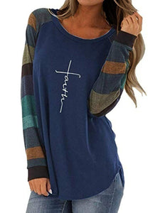 Round  Neck  Patchwork  Casual  Color Block Letters  Long Sleeve T-Shirts