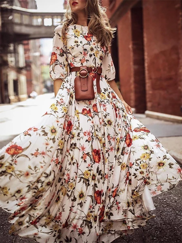 Stylish Elegant Floral Print Half Sleeve Maxi Dresses