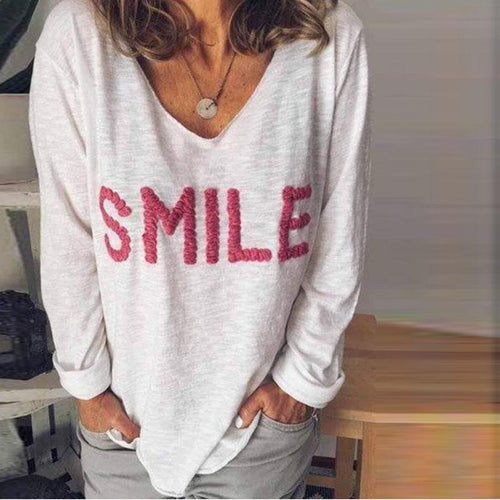 Casual V-Neck Letter Embroidered Long-Sleeved T-Shirt