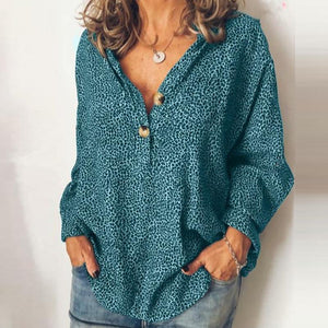 Fashion Casual V Neck Long Sleeves Leopard Blouse