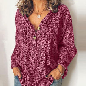 Fashion Casual V Neck Long Sleeves Leopard Blouse