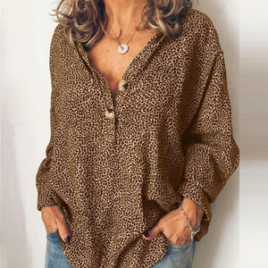 Fashion Casual V Neck Long Sleeves Leopard Blouse