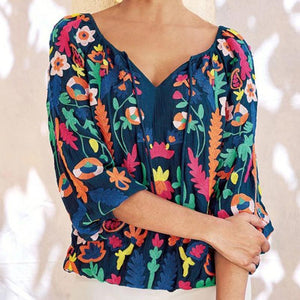 Casual V-Neck Cropped Sleeve Printed Shirt