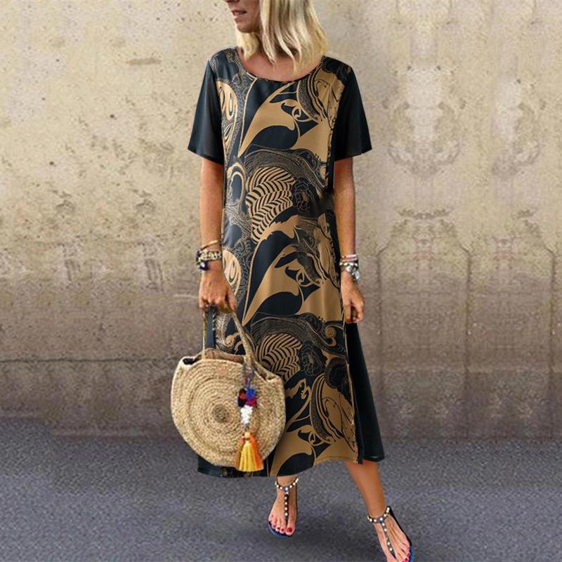 Vintage Printed Short Sleeve Round Neck Dress